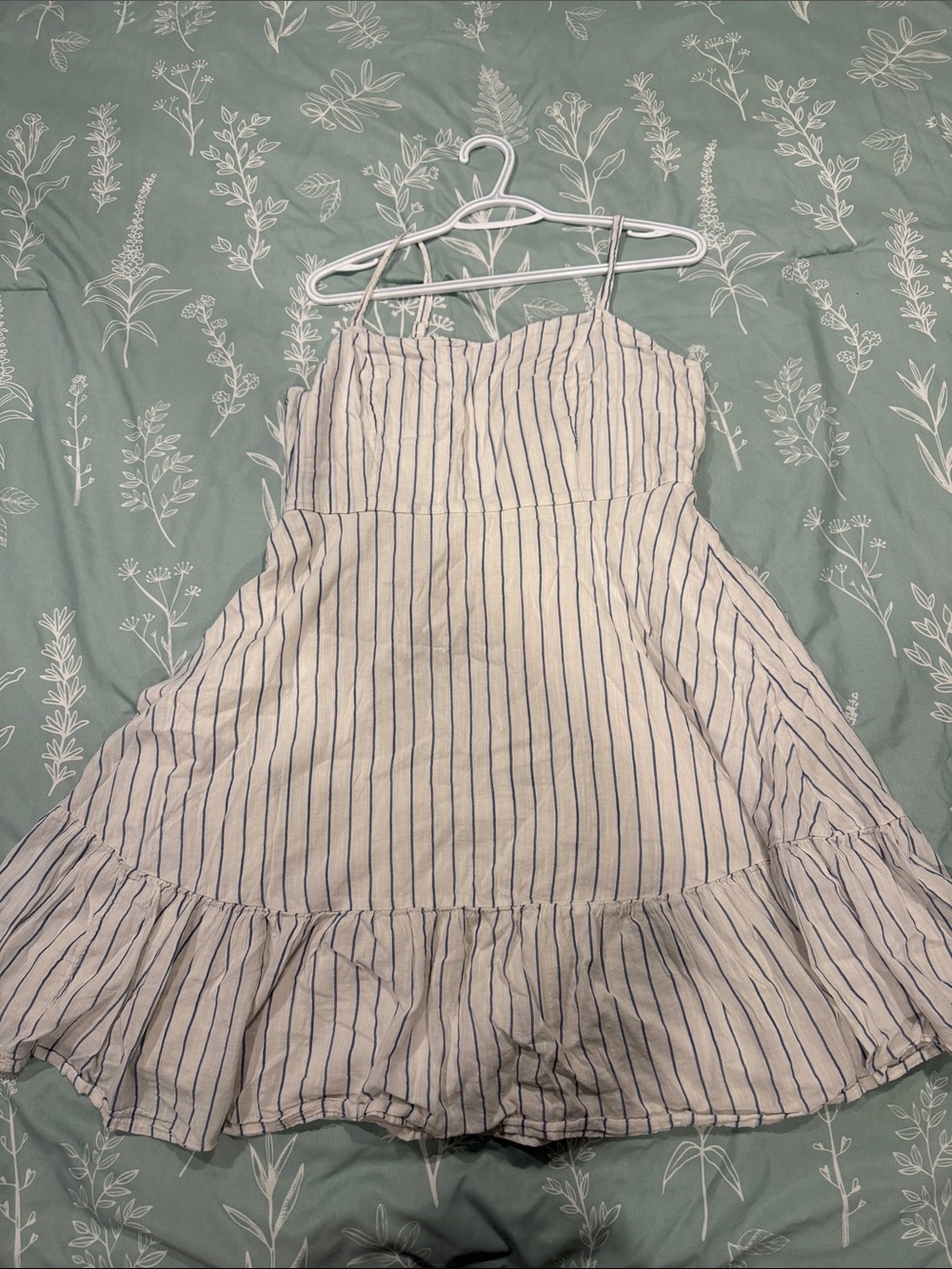 Old Navy White Dress with Blue Stripes - Spaghetti Strap Ruffle Hem